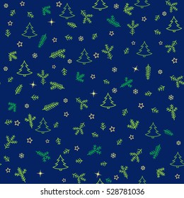 Christmas Icons Seamless Pattern with New Year Tree, Snow and Stars. Happy Winter Holiday Wallpaper. Nature Decor elements. Fir Tree branch and snowflakes tiled background design.
