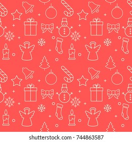 Christmas Icons Seamless Pattern with New Year Tree, Snow and Stars. Happy Winter Holiday Wallpaper with Nature Decor elements. Fir Tree branch and snowflakes tiled background design.