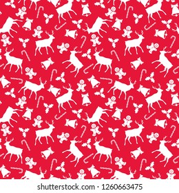 Christmas Icons Seamless Pattern - Reindeer, bell, holly, candy cane, and gingerbread man on red background
