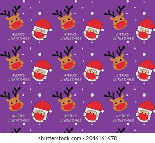 Christmas icons seamless pattern with Santa Claus, snow and deer. Happy winter holiday wallpaper with nature decor elements. design for paper or fabric
