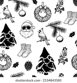 Christmas Icons Seamless Pattern with Snowmen and Reindeer. Festive Holiday Elements Line Art Pattern 