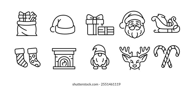 Christmas icons. Set of 10 Christmas-themed trendy minimal icons. Santa Claus, Gifts, Socks, Candy Cane icon. Design signs for web pages, mobile apps, and holiday-themed packaging. Vector illustration