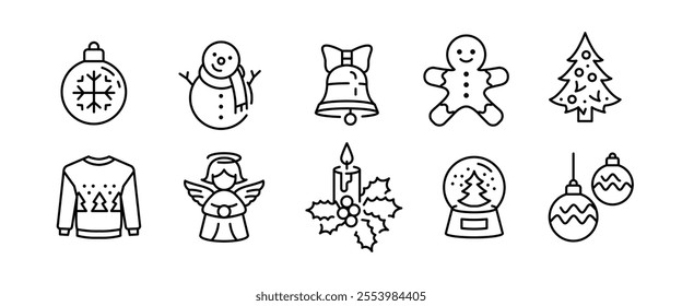 Christmas icons. Set of 10 Christmas-themed trendy minimal icons. Angel, Balls, Candle, Snow Globe icon. Design signs for web pages, mobile apps, and holiday-themed packaging. Vector illustration