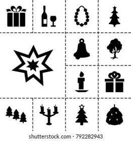 Christmas icons. set of 13 editable filled christmas icons such as berry, pine tree, bell, present, fireworks, gift, garland, candlestick, wine glass and bottle