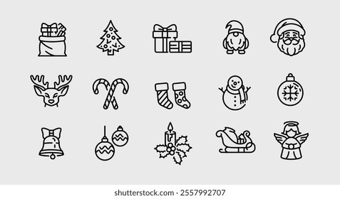 Christmas icons. Set of 15 Christmas-themed trendy minimal icons. Santa Claus, Snow Globe, Candy Cane icon. Design signs for web pages, mobile apps, and holiday-themed packaging. Vector illustration