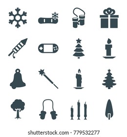 Christmas icons. set of 16 editable filled christmas icons such as baby mitten, bell, christmas tree, candle, tree, pine-tree, portable console, fireworks, gift, snowflake