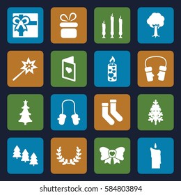 christmas icons set. Set of 16 christmas filled icons such as pine tree, baby mitten, present, gift, socks, mittens, tree, candle, bow, love card, olive wreath