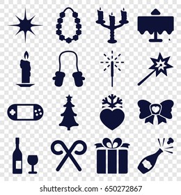 Christmas icons set. set of 16 christmas filled icons such as restaurant table, baby mitten, present, bow, heart frozen, portable console, star, christmas tree, candy cane