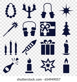 Christmas icons set. set of 16 christmas filled icons such as baby mitten, candle, sparklers, gift, mittens, present, star, christmas tree, fireworks, garland, candlestick