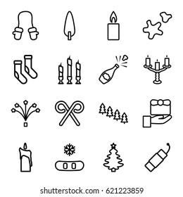 Christmas icons set. set of 16 christmas outline icons such as pine tree, baby mitten, socks, pine-tree, candy cane, firework, fireworks, cookie, candle, candlestick, gift