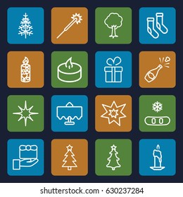 Christmas icons set. set of 16 christmas outline icons such as restaurant table, present, sparklers, socks, tree, pine-tree, candle, star, fireworks, gift, champagne