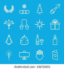 Christmas icons set. set of 16 christmas outline icons such as restaurant table, berry, baby mitten, heart frozen, star, sparkler, fireworks, gift, love card, candle