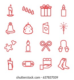 Christmas icons set. set of 16 christmas outline icons such as berry, pine tree, baby mitten, candle, socks, present, portable console, candy cane, sparkler, cookie, love card