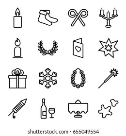 Christmas icons set. set of 16 christmas outline icons such as restaurant table, candle, sparklers, socks, candy cane, fireworks, cookie, gift, garland, love card, candlestick