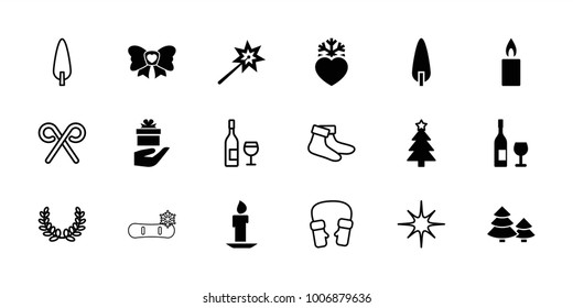 Christmas icons. set of 18 editable filled and outline christmas icons: christmas tree, sparklers, pine-tree, bow, heart frozen, candle, wine glass and bottle, socks, mittens