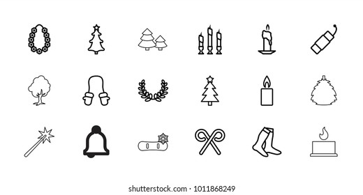 Christmas icons. set of 18 editable outline christmas icons: baby mitten, socks, candle, candy cane, firework, garland, olive wreath, berry, bell, sparklers