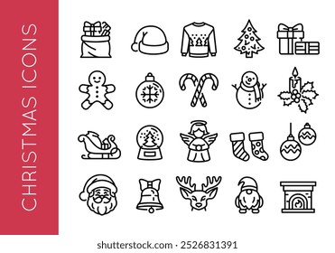 Christmas icons. Set of 20 Christmas-themed trendy minimal icons. Santa Claus, Snow Globe, Candy Cane icon. Design signs for web pages, mobile apps, and holiday-themed packaging. Vector illustration