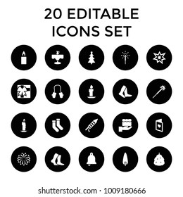Christmas icons. set of 20 editable filled christmas icons such as berry, baby mitten, sparklers, socks, gift, candle. best quality christmas elements in trendy style.