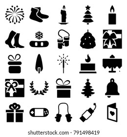 Christmas icons. set of 25 editable filled christmas icons such as berry, restaurant table, baby mitten, present, gift, socks, snowflake, christmas tree, candle, pine-tree