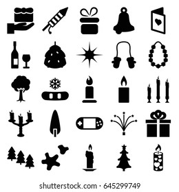 Christmas icons set. set of 25 christmas filled icons such as berry, pine tree, baby mitten, present, candle, tree, portable console, star, fireworks, cookie, gift, garland