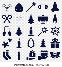Christmas icons set. set of 25 christmas filled icons such as berry, restaurant table, baby mitten, candle, sparklers, socks, pine-tree, bow, portable console, candy cane