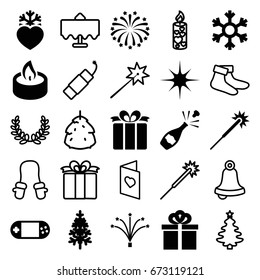 Christmas icons set. set of 25 christmas filled and outline icons such as sparklers, pine-tree, present, heart frozen, portable console, star, fireworks, candle, gift