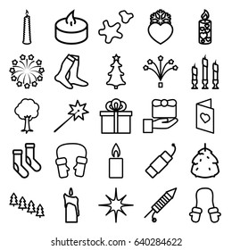 Christmas icons set. set of 25 christmas outline icons such as berry, pine tree, baby mitten, socks, mittens, tree, candle, heart frozen, star, christmas tree, fireworks