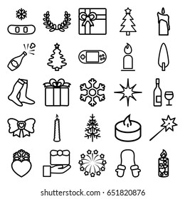 Christmas icons set. set of 25 christmas outline icons such as baby mitten, candle, gift, socks, pine-tree, present, bow, heart frozen, portable console, star, fireworks