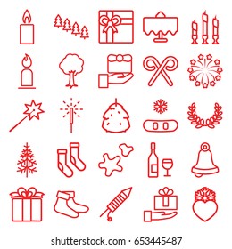 Christmas icons set. set of 25 christmas outline icons such as restaurant table, berry, pine tree, candle, gift, socks, tree, pine-tree, present, heart frozen, candy cane