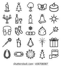 Christmas icons set. set of 25 christmas outline icons such as berry, candle, sparklers, socks, mittens, tree, present, bow, portable console, star, sparkler, fireworks