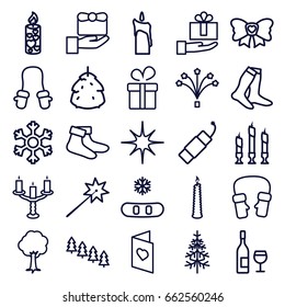 Christmas icons set. set of 25 christmas outline icons such as berry, pine tree, baby mitten, present, socks, mittens, tree, pine-tree, candle, bow, star, firework, fireworks
