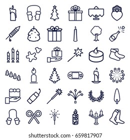Christmas icons set. set of 36 christmas outline icons such as restaurant table, berry, pine tree, baby mitten, candle, sparklers, socks, mittens, tree, present, heart frozen