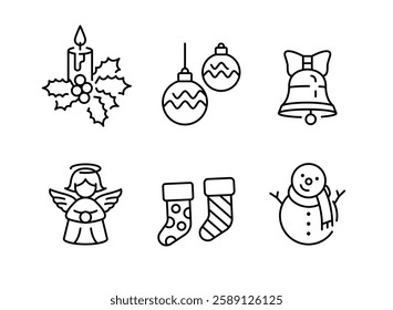 Christmas icons. Set of 6 Christmas-themed trendy minimal icons. Santa Claus, Snow Globe, Candy Cane icon. Design signs for web pages, mobile apps, and holiday-themed packaging. Vector illustration