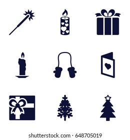 Christmas icons set. set of 9 christmas filled icons such as baby mitten, sparklers, gift, christmas tree, pine-tree, candle, present