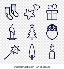 Christmas icons set. set of 9 christmas outline icons such as present, candle, socks, pine-tree, heart frozen, cookie, christmas tree