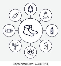 Christmas icons set. set of 9 christmas outline icons such as socks, candle, portable console, firework, fireworks, garland, love card, candlestick
