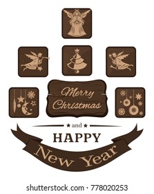 Christmas icons set. Christmas angel and Christmas tree. Merry Christmas and Happy New Year. Vector illustration