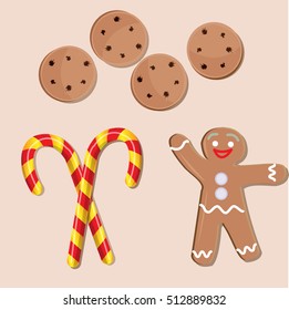 Christmas icons set, biscuits, gingerbread man and candy canes, vector