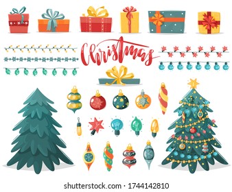 Christmas icons set. Cartoon flat style new year's constructor. Holiday decorations vector illustration