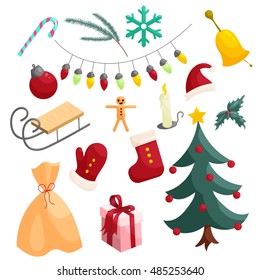 Christmas icons set in cartoon style. Holiday elements set collection vector illustration