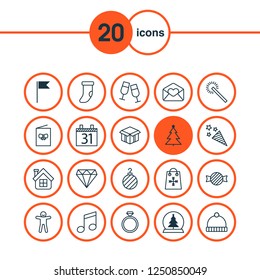 Christmas icons set with clink glasses, tree toy, ring and other knitted cap elements. Isolated vector illustration christmas icons.