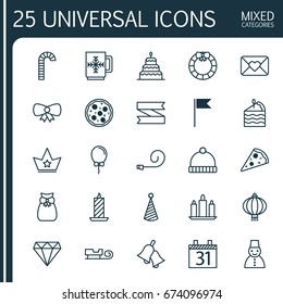 Christmas Icons Set. Collection Of Blank Ribbon, Date, Snow Person And Other Elements. Also Includes Symbols Such As Aerostat, Bell, Christmas.