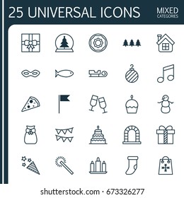 Christmas Icons Set. Collection Of Carnival Face, Magic Sphere, Sliced Pizza And Other Elements. Also Includes Symbols Such As Residential, Cake, Christmas.