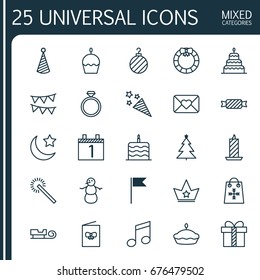 Christmas Icons Set. Collection Of Celebration Card, Christmas Ball, Celebration Cake And Other Elements. Also Includes Symbols Such As Sparkle, Firecracker, Present.
