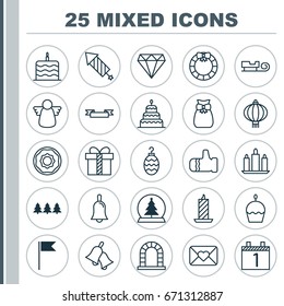 Christmas Icons Set. Collection Of Fire Wax, Holiday Ornament, Flag Point And Other Elements. Also Includes Symbols Such As Tree, Ringer, Flag.