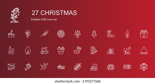 christmas icons set. Collection of christmas with forest, gift, branch, voucher, garlands, snowing, scarf, sock, gifts, tree, champagne. Editable and scalable christmas icons.