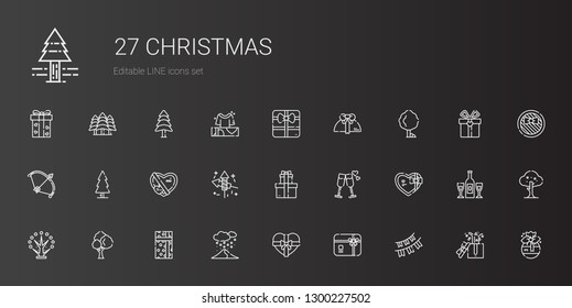 christmas icons set. Collection of christmas with garlands, gift card, gift, snowing, tree, cheers, gifts, fireworks, bow, champagne, pine. Editable and scalable christmas icons.