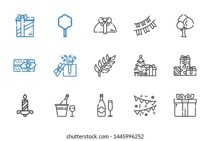 christmas icons set. Collection of christmas with gift, garlands, champagne, candle, gifts, christmas tree, branch, tree. Editable and scalable icons.