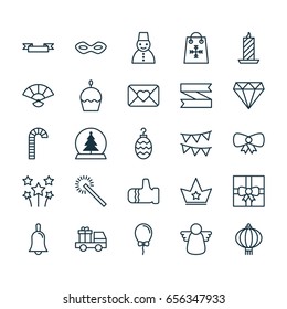 Christmas Icons Set. Collection Of Gift Surprise, Magic Sphere, Butterfly Knot And Other Elements. Also Includes Symbols Such As Hand, Cake, Firework.