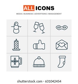 Christmas Icons Set. Collection Of Mitten, Carnival Face, Fire Wax And Other Elements. Also Includes Symbols Such As Gauntlet, Snowman, Sock.
